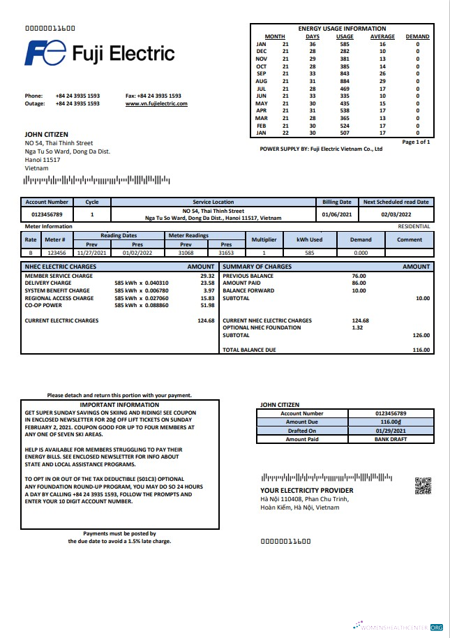 download download Vietnam Fuji Electric Vietnam Co. utility bill template in Word format